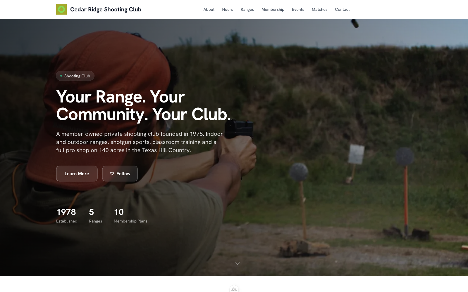 A range's self-branded microsite on ShotGroup, with its own logo, colors, matches, and events