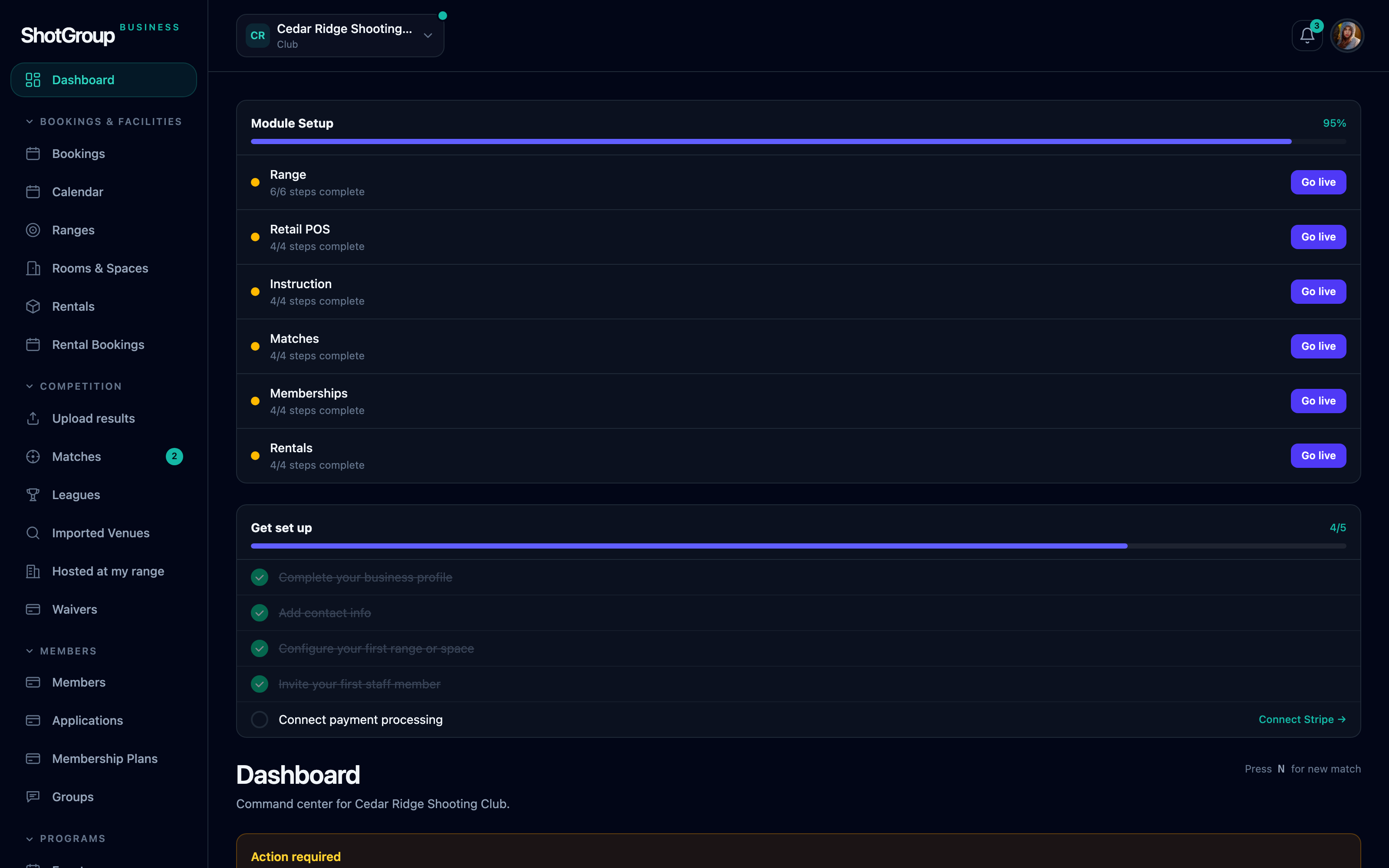 ShotGroup operator dashboard with KPIs, registrations, and revenue