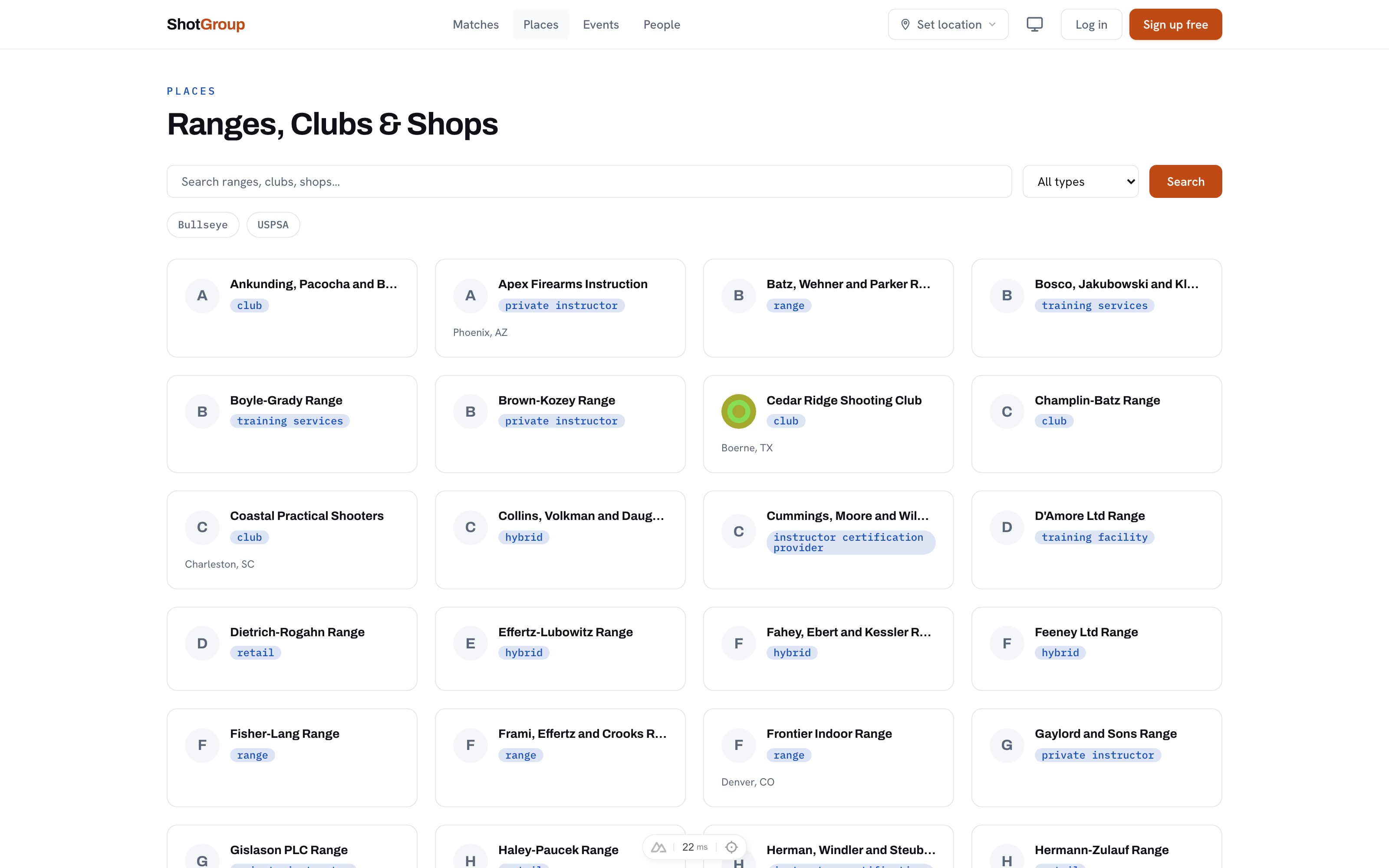 Shooters browsing the ShotGroup directory to discover ranges, matches, and events