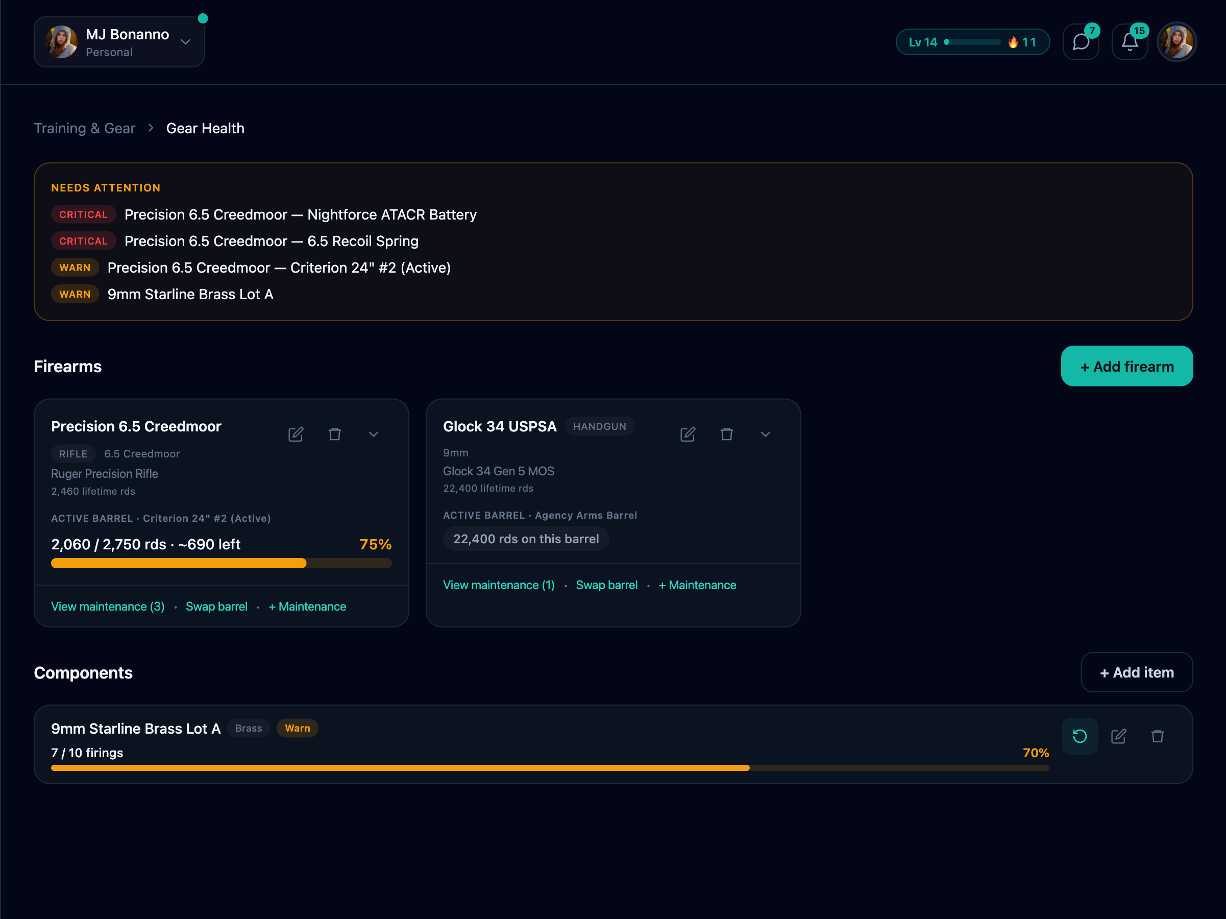 ShotGroup gear health tracking showing round counts, barrel life, and maintenance alerts for each firearm