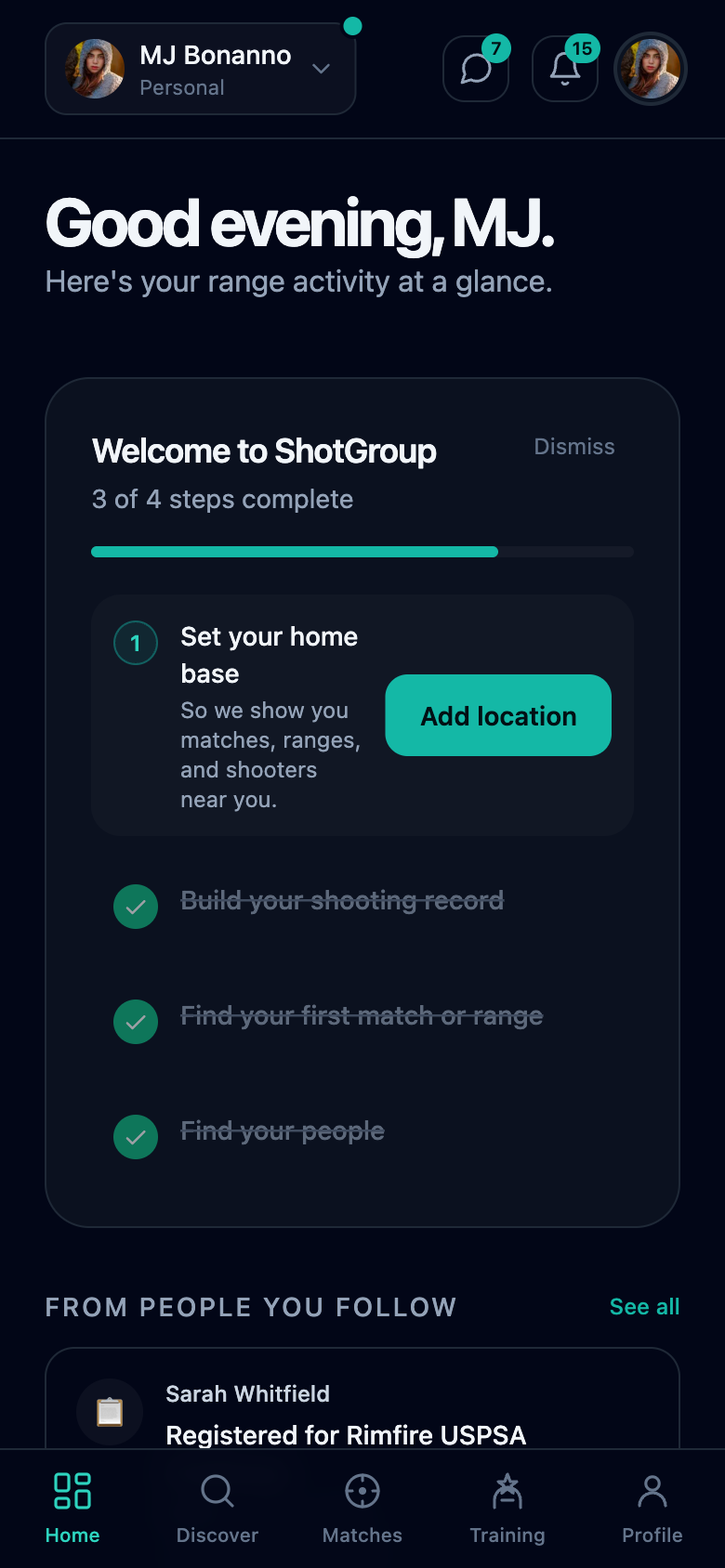 ShotGroup dashboard on a phone showing level progress and recent activity
