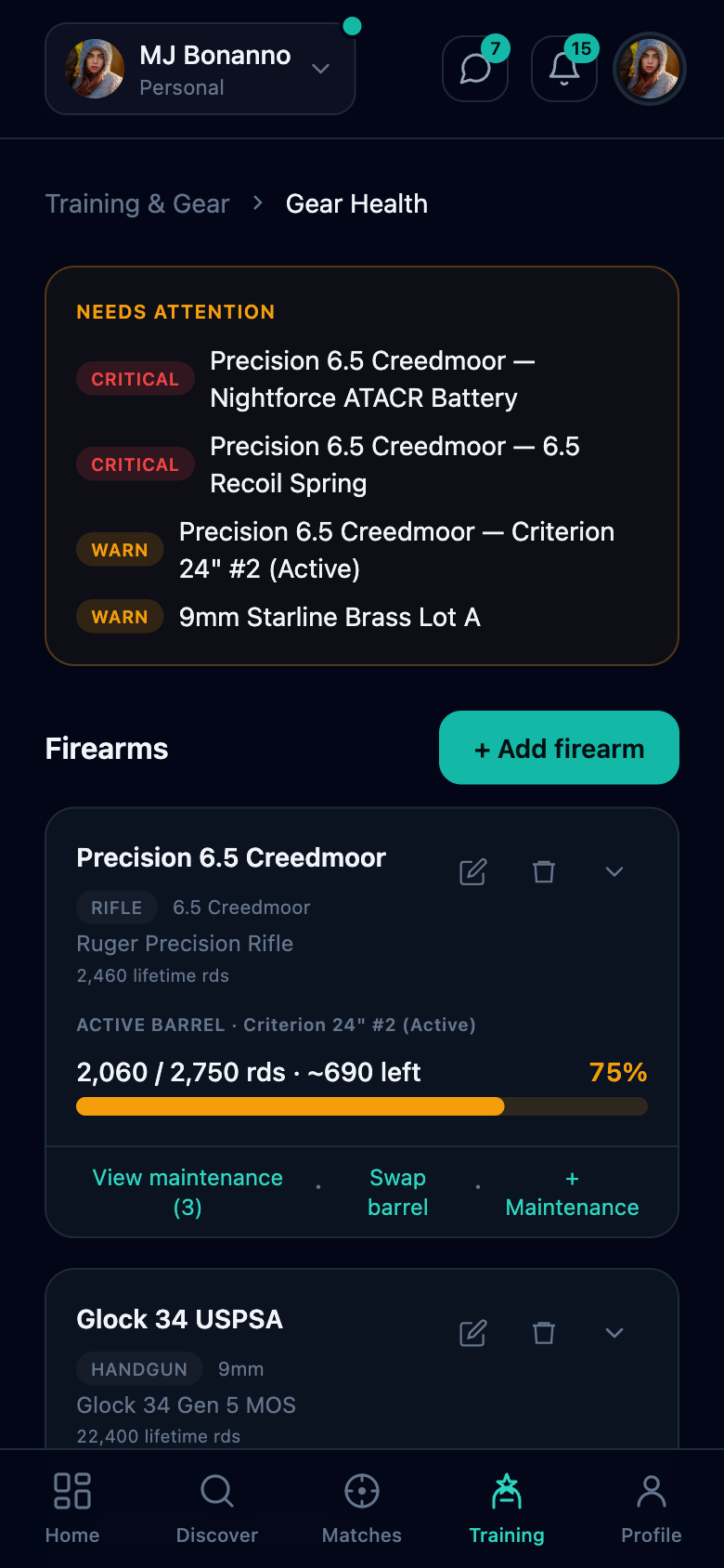 ShotGroup gear health tracking on a phone showing maintenance alerts and round counts