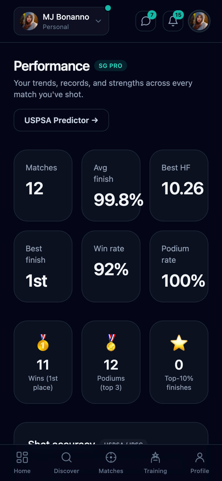 ShotGroup Performance Analytics on a phone showing match stats and win rate