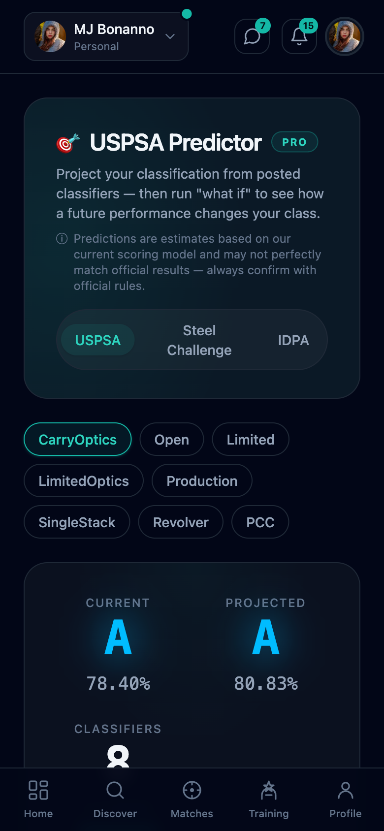 ShotGroup Predictor on a phone showing a projected USPSA classification