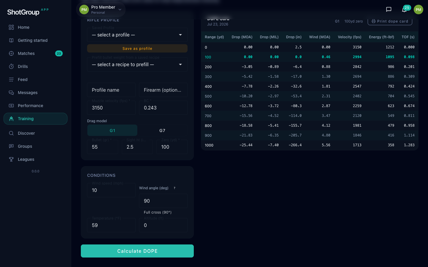 The ShotGroup ballistics calculator with a full DOPE card — drop in MOA/MIL/inches, wind, velocity, energy and time of flight from 0 to 1000 yards